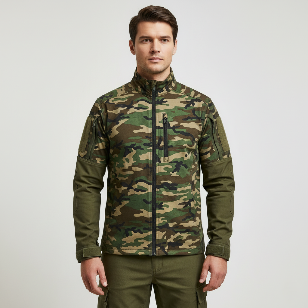 Mens Cotton Tactical Camo Shirt with Zipper Front and Reinforced Elbows for Outdoor Field Activities