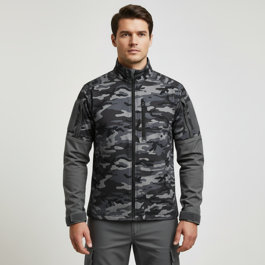 Mens Cotton Tactical Camo Shirt with Zipper Front and Reinforced Elbows for Outdoor Field Activities