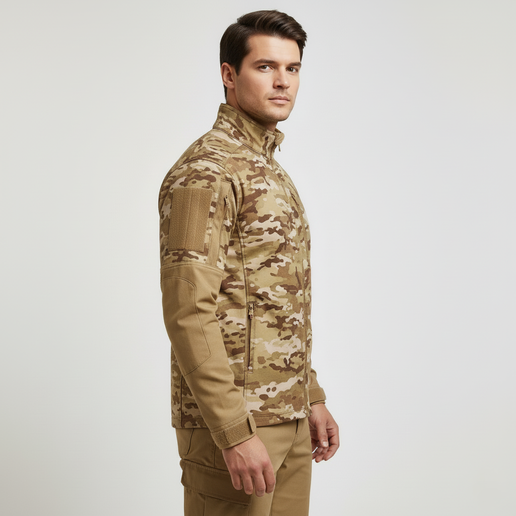 Mens Cotton Tactical Camo Shirt with Zipper Front and Reinforced Elbows for Outdoor Field Activities