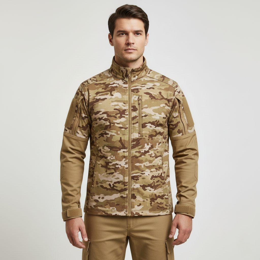Mens Cotton Tactical Camo Shirt with Zipper Front and Reinforced Elbows for Outdoor Field Activities